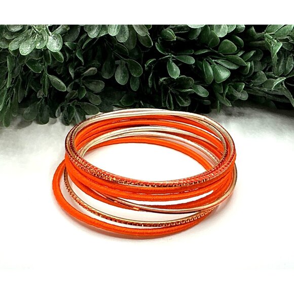 Set Of 8 Orange and Gold Tone Bangles With Shimmer Accents - Picture 2 of 4